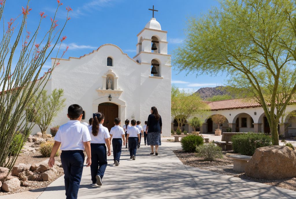 A whitewashed mission-style church and Catholic school courtyard with desert landscaping in El Paso